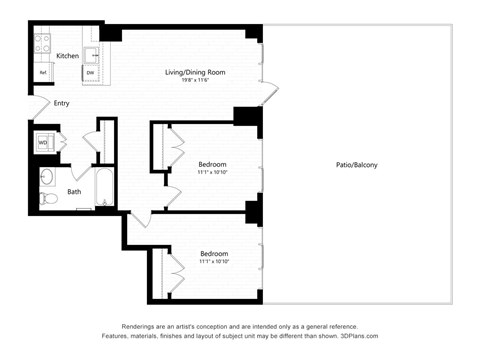 Floor plan for 2 beds, 1 bath, 854 sqft